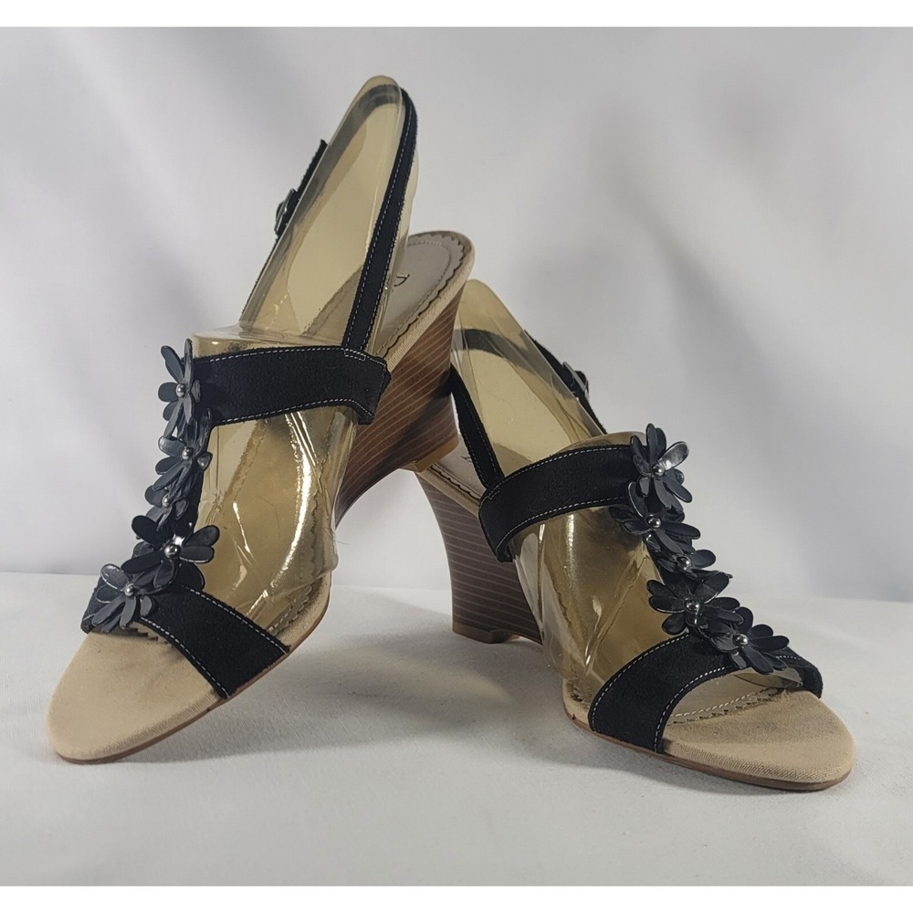 Dexter Black Lotus Floral Strap Wedge‎ Sandal Wood Look 3" Heel Womens Sz 10 NIB